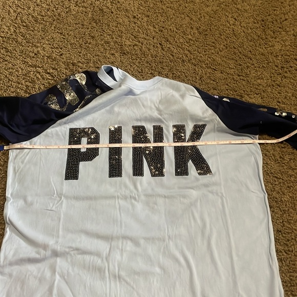 Ladies “PINK” long sleeve sequin accent top. Light blue w/navy sleeves Sz Small - Picture 7 of 11